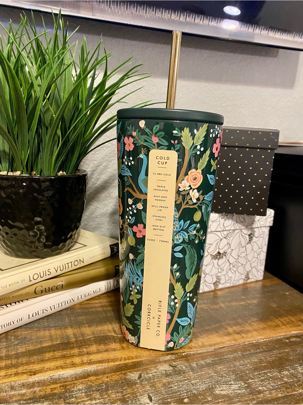 Corkcicle with Rifle Paper Co. Peacock pattern Cold Cup Tumbler with straw